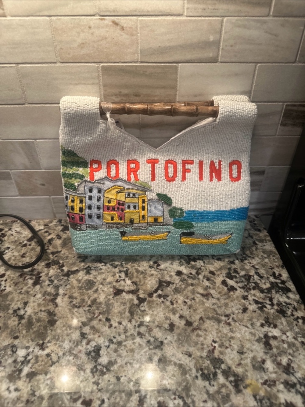 Portofino Beaded Handbag with Bamboo Handle - Multicolor